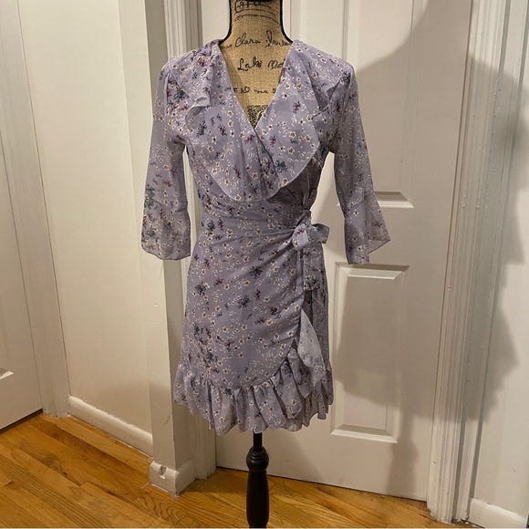 Purple floral wrap ruffle dress - Picture 7 of 9